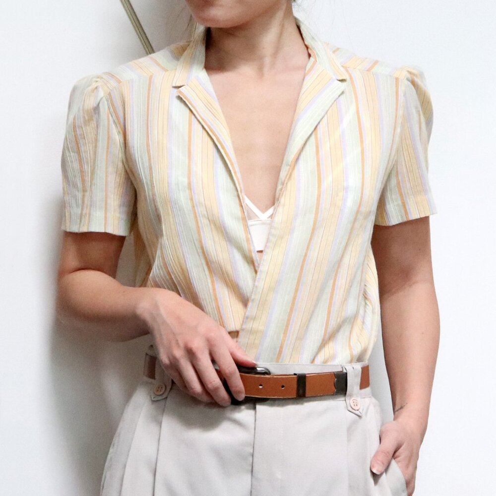 70s Yellow Pastel Rainbow Striped Overcoat w/ Short Sleeve & Slim Collar, Gauzy